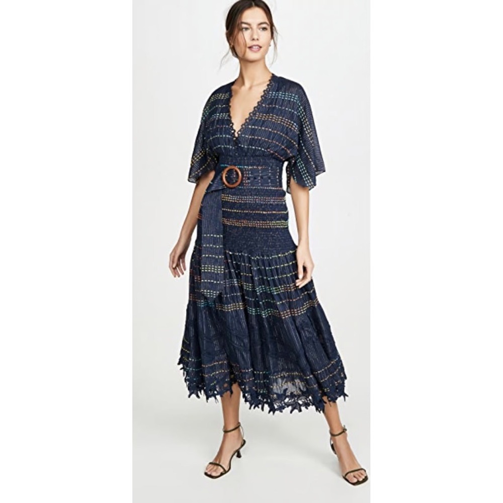 Hemant‎ & Nandita Thea Midi Dress S Navy Belted Maxi Embroidered Cotton Boho NWT